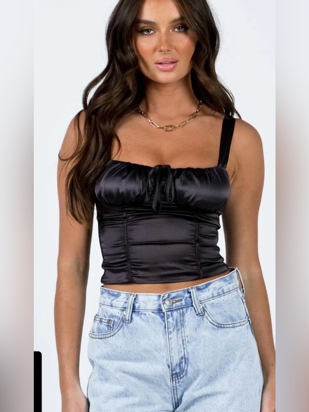 Princess Polly Black Satin Ruched Crop Tank